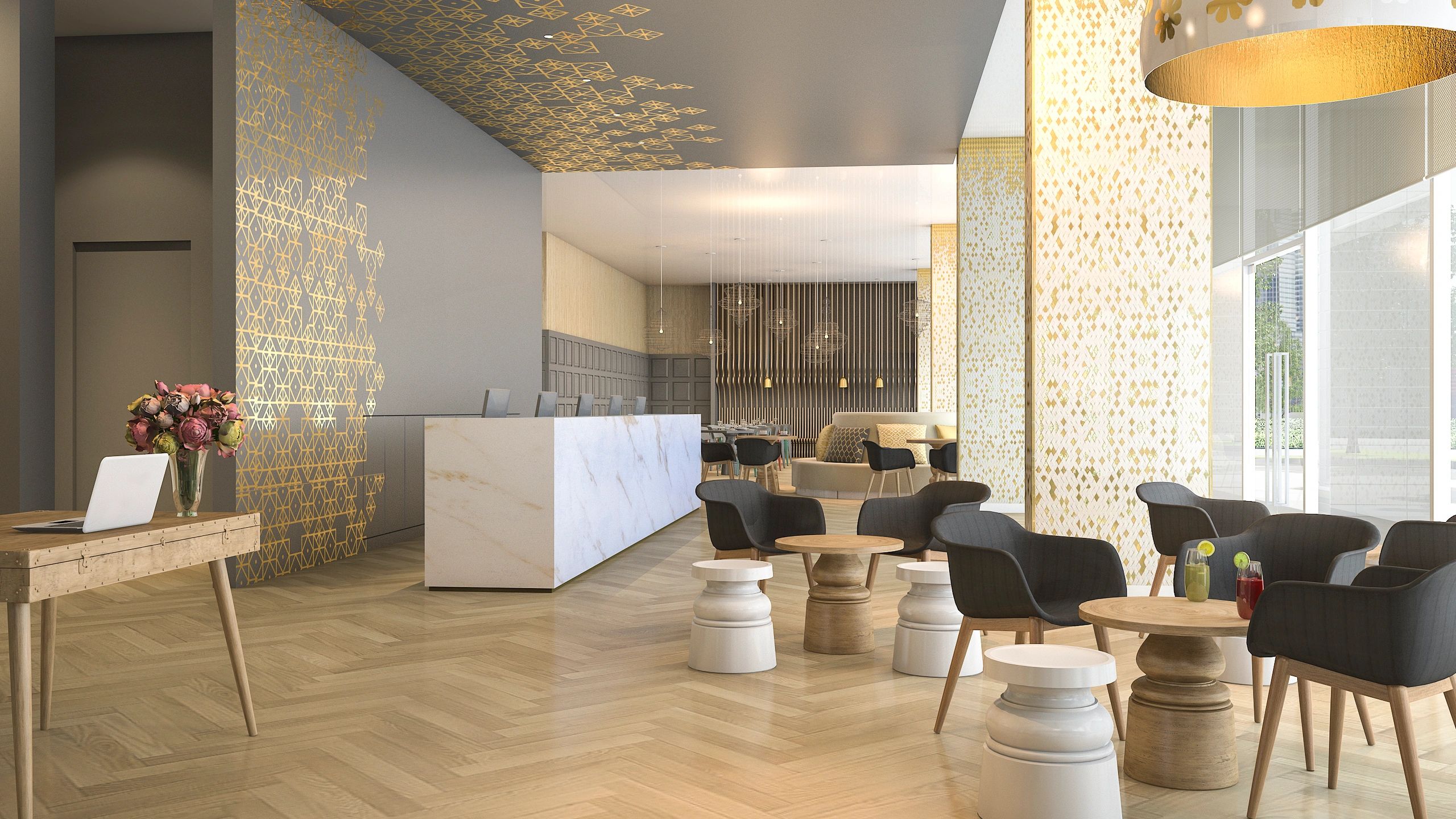 Elegant modern cafe interior with gold accents and wooden furniture.