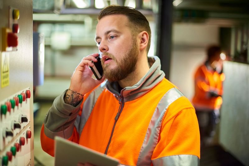 An industrial service engineer conducts a safety check of a control panel in a boiler room. He is wearing hi vis and is on the phone to technical support double checking his decision on how to fix a technical problem.