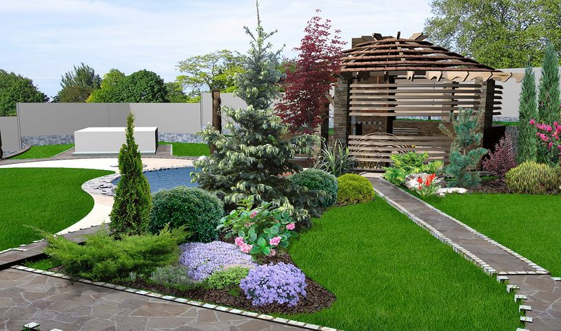 Modern garden with stone paths, lush greenery, and a wooden gazebo.