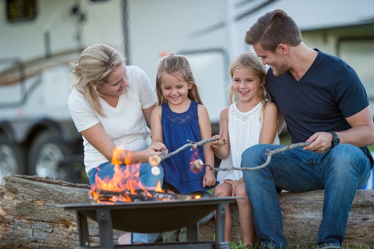Family roasting marshmallows over a campfire, enjoying outdoor time together.