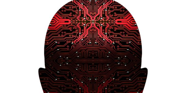 Silhouette of a human head with red and black circuit board design.