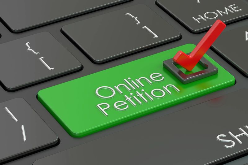 online petition, green key on  keyboard. 3D rendering