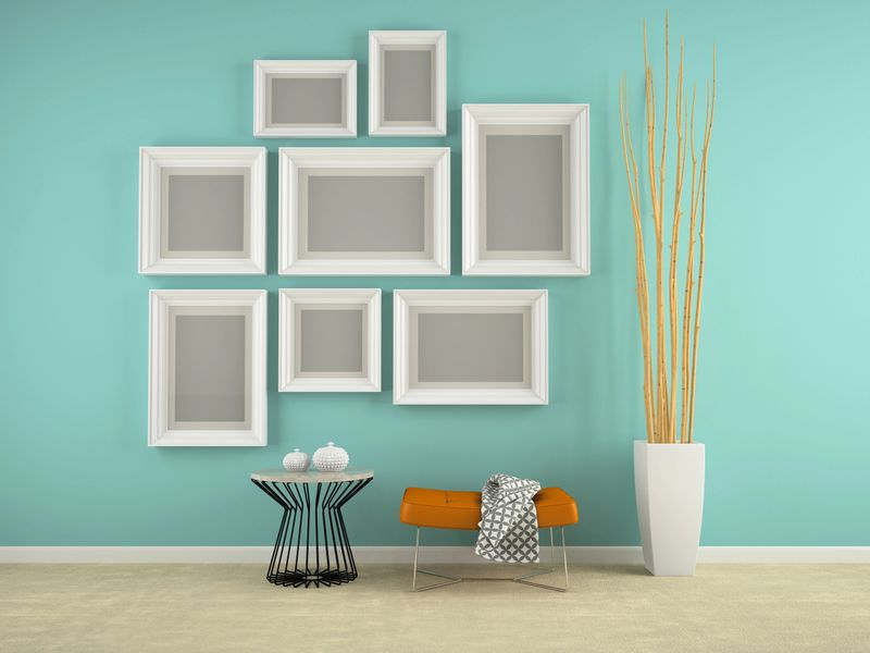 Part of interior with frames on the wall 3D rendering