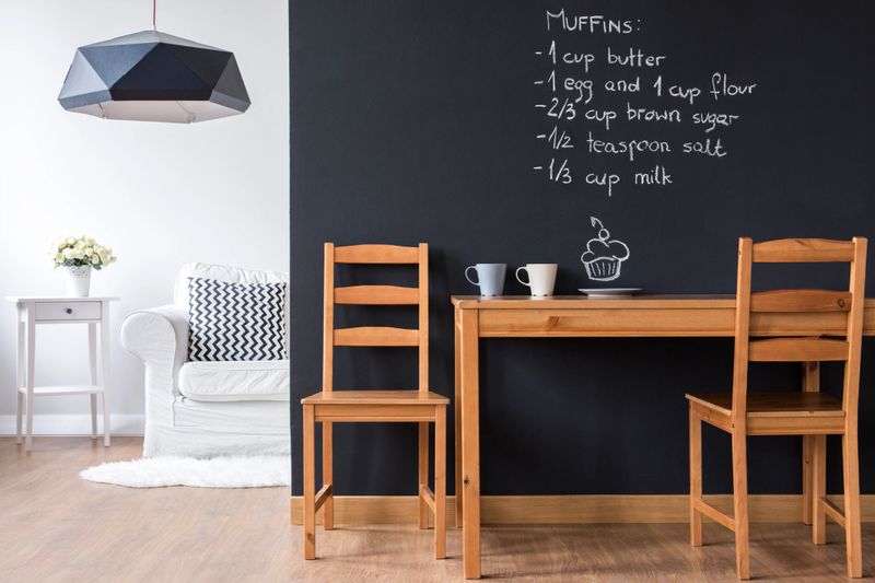 Small minimalist dining room with modern blackboard wall