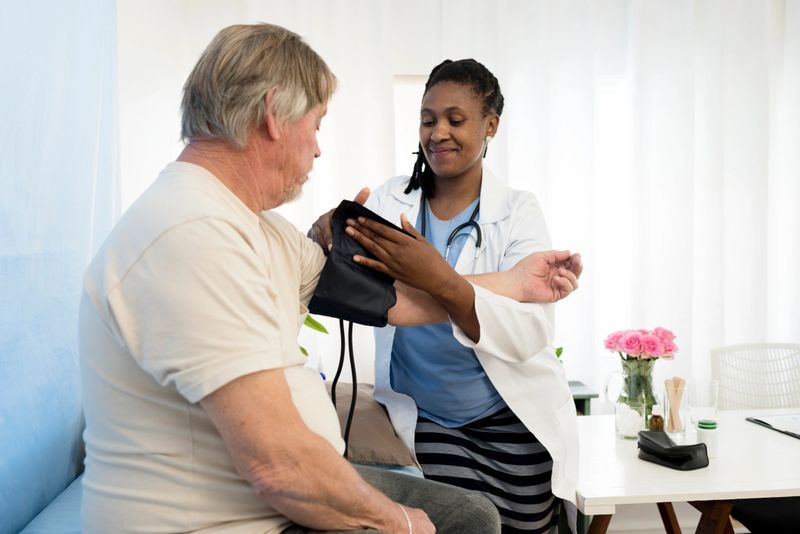 Female Doctor using a medical device to test a senior mans blood pressure in her consultation room at daytime.
