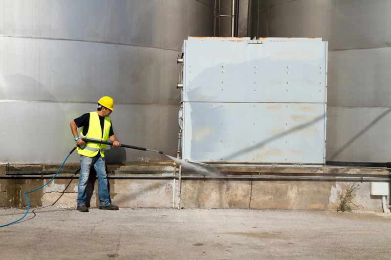 workman washing industrial site with pressure water