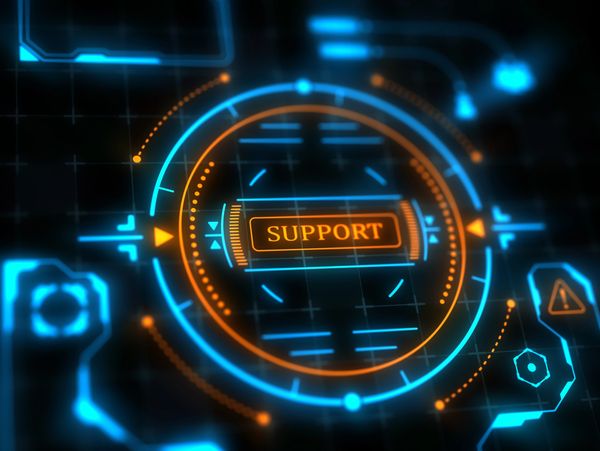 Abstract digital image of a circuit board and a "SUPPORT" button.
