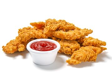 Crispy fried chicken tenders served with a cup of ketchup.