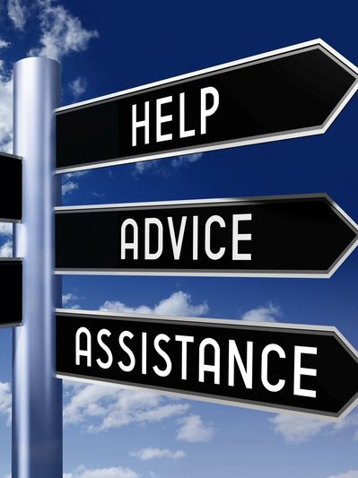 Directional signs for help, advice, and assistance.