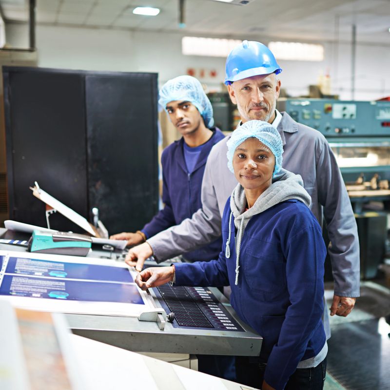 Portrait of people working inside a printing, packaging and distribution factory. The commercial designs displayed in this image represent a simulation of a real product and have been changed or altered enough by our team of retouching and design specialists so that they are free of any copyright infringements