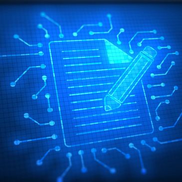Digital icon of a document and pencil surrounded by circuitry.