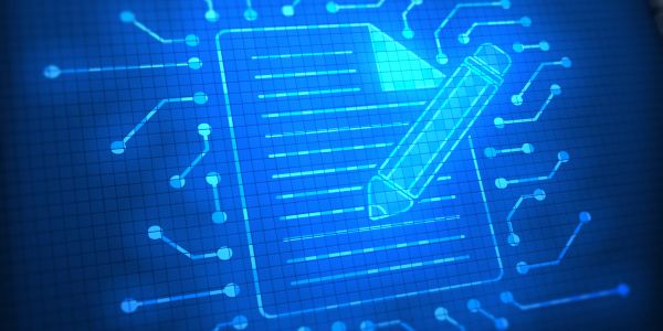 Digital icon of a document and pencil surrounded by circuitry.
