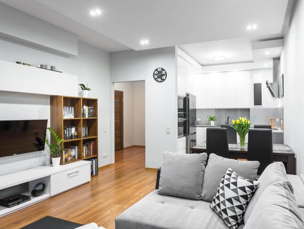 Modern living room with gray sofa, black coffee table, and open kitchen area.