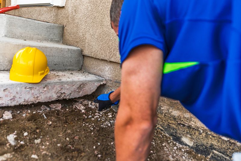 Construction worker examining settlement of home foundation under removed patio