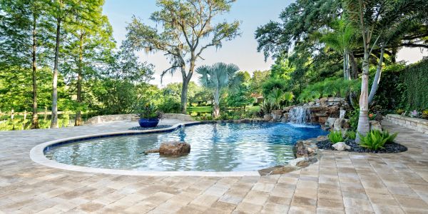 A serene backyard pool surrounded by lush greenery and stone tiles.