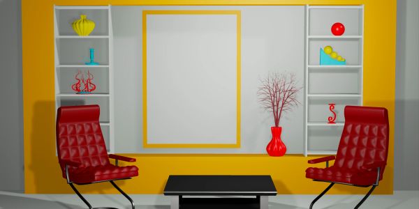 Sala de estar com cadeiras vermelhas e parede amarela.