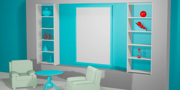 Modern living room with turquoise walls, white shelves, and light green chairs.