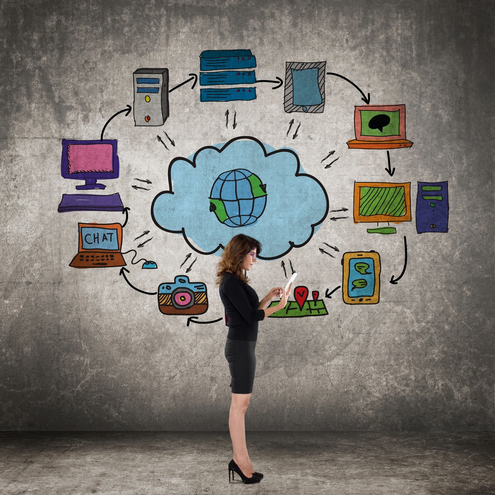 Woman using a tablet with colorful internet and technology icons on the wall behind her.