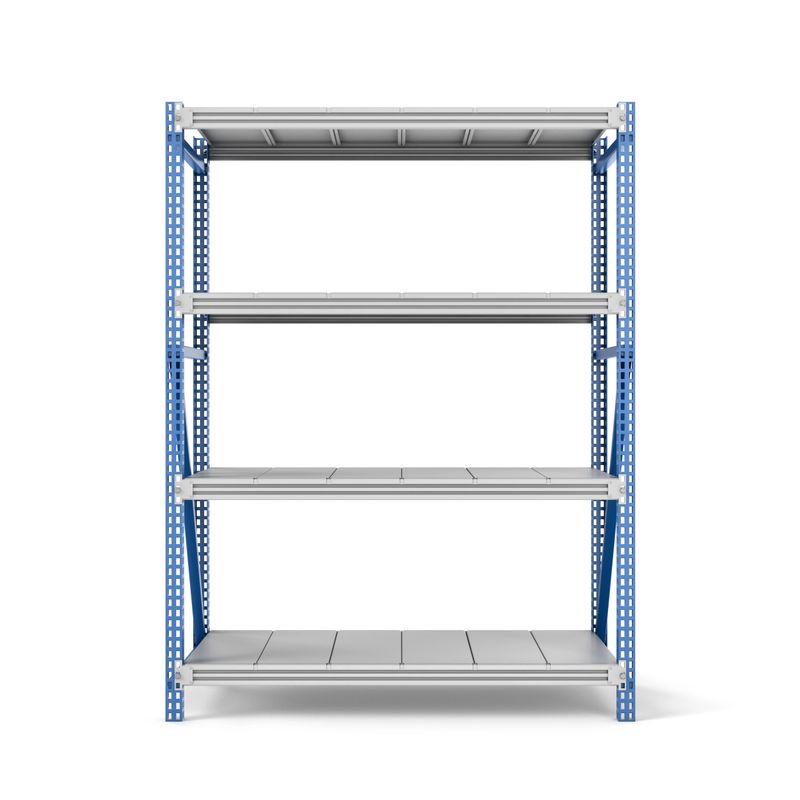 3d rendering of a metal rack with four shelves, isolated on a white background. Steel Furniture. Shelving units. Open storage system. Keeping and storing stuff.