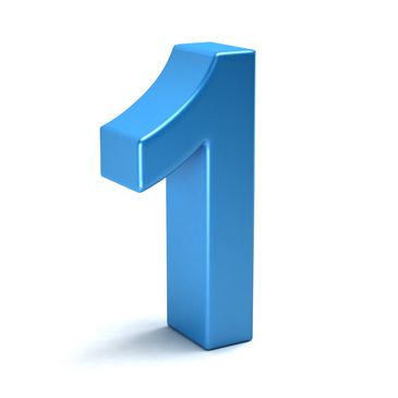 A shiny blue number one standing upright on a white background.