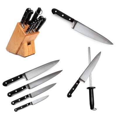A set of kitchen knives with a wooden block and sharpening steel.