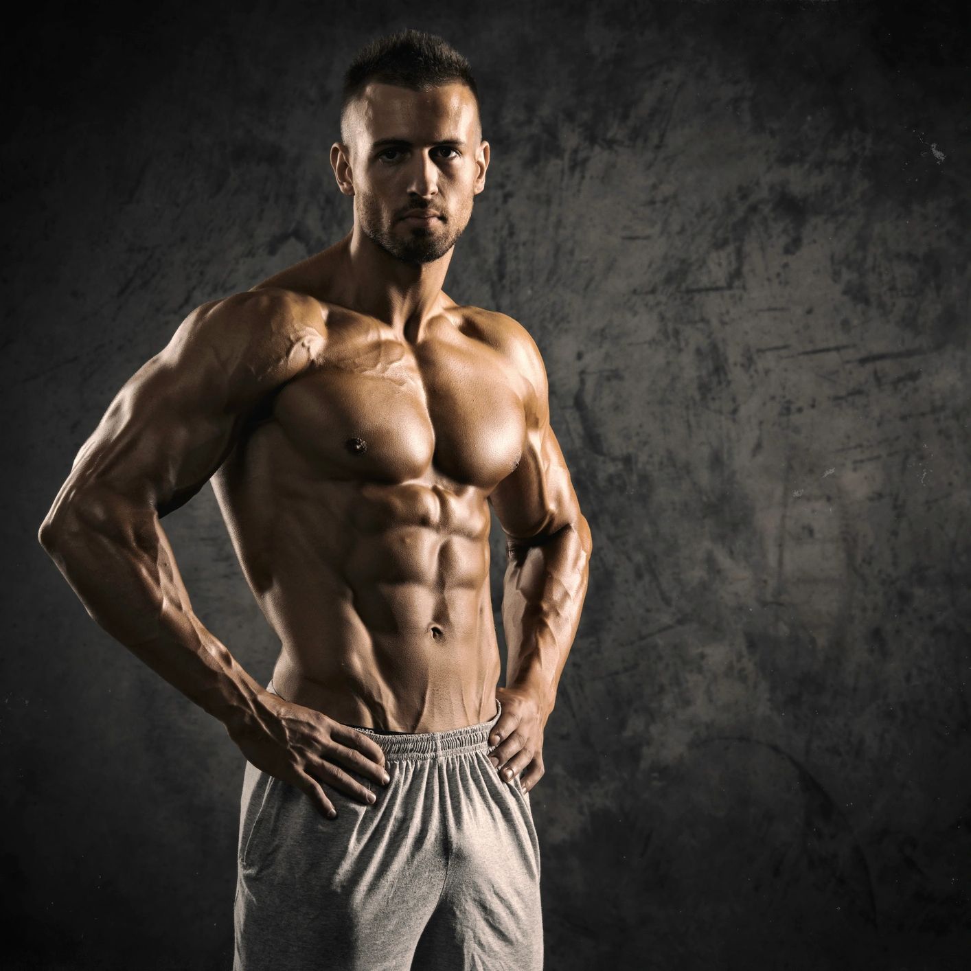 Muscular man posing confidently against a dark textured background.