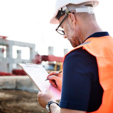 Construction worker in a hard hat and orange vest writing on a clipboard at a site.