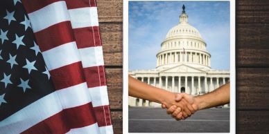 American flag and handshake in front of Capitol building.