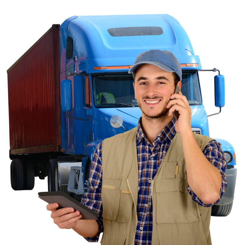 Truck driver with smartphone and tablet in front of his truck.