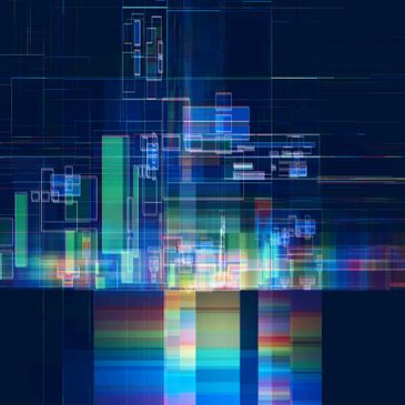 Abstract digital art with colorful vertical and rectangular shapes on a dark background.