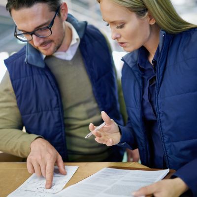 Two people reviewing documents together at a table.
