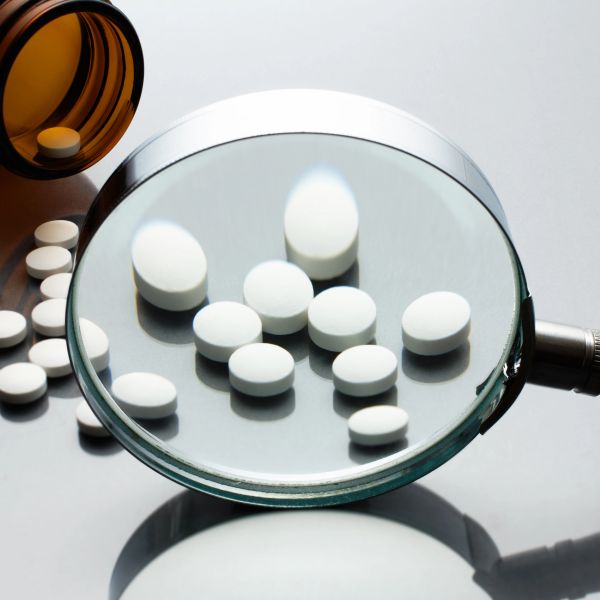 White pills magnified by a magnifying glass.