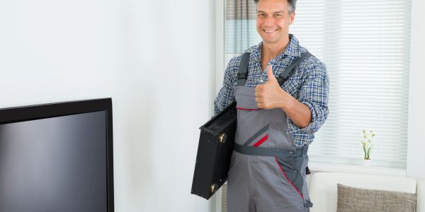 Smiling repairman giving thumbs up indoors.
