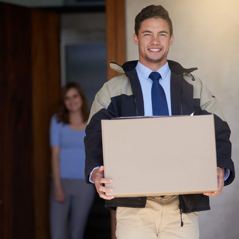 Shot of a handsome young delivery man making a delivery to a customer at her home