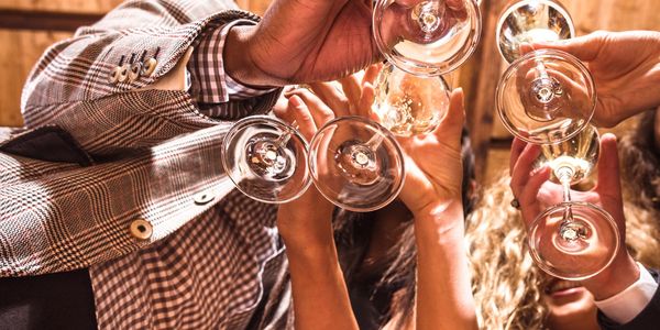 People clinking wine glasses in a celebratory toast.