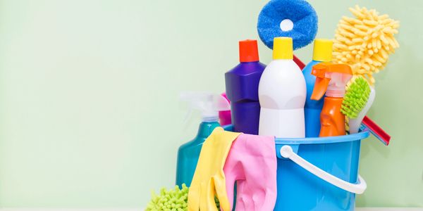 cleaning supplies in bucket