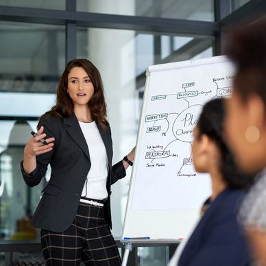 A woman presents a business plan on a flip chart in a modern office meeting.