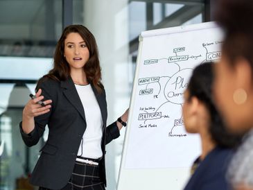 Businesswoman presenting ideas on a flip chart to colleagues in a meeting.