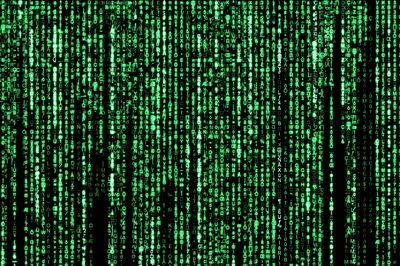 Green digital code streams down a black background, evoking a cyber or hacker theme.