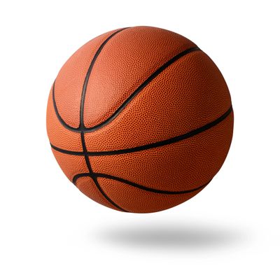 A classic orange basketball with black lines on a white background.