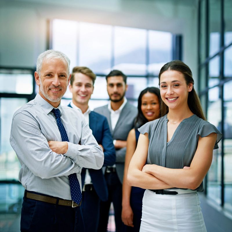 Portrait of a group of colleagues standing together in an office