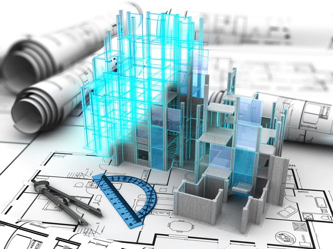 Architectural blueprint with 3D building model and drafting tools.