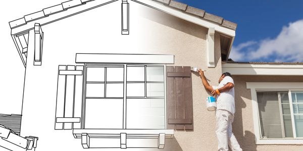 Man painting a house exterior, half drawn in sketch style.