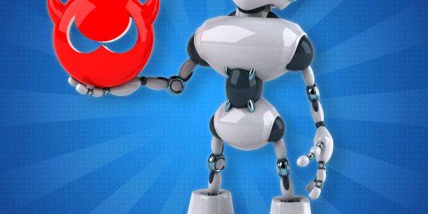 A futuristic robot holding a red, devilish flame symbol against a blue background.