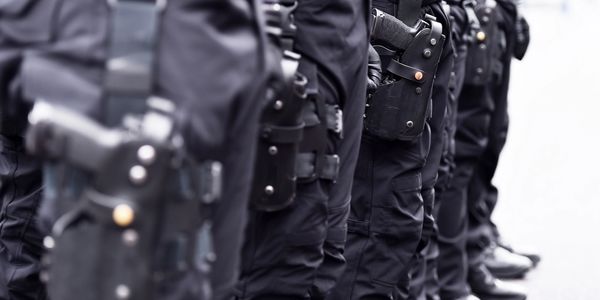 Lineup of armed security personnel in black uniforms.