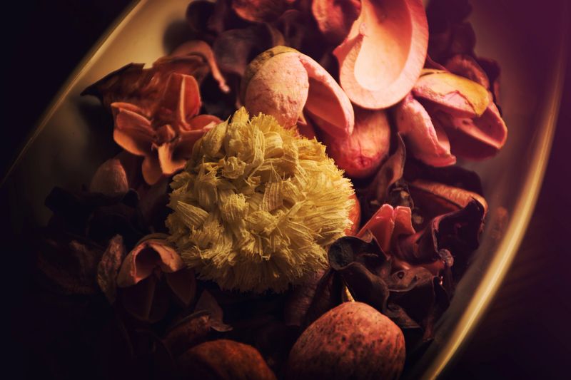 Dried flowers decoration on white dish with warm dark colors background 