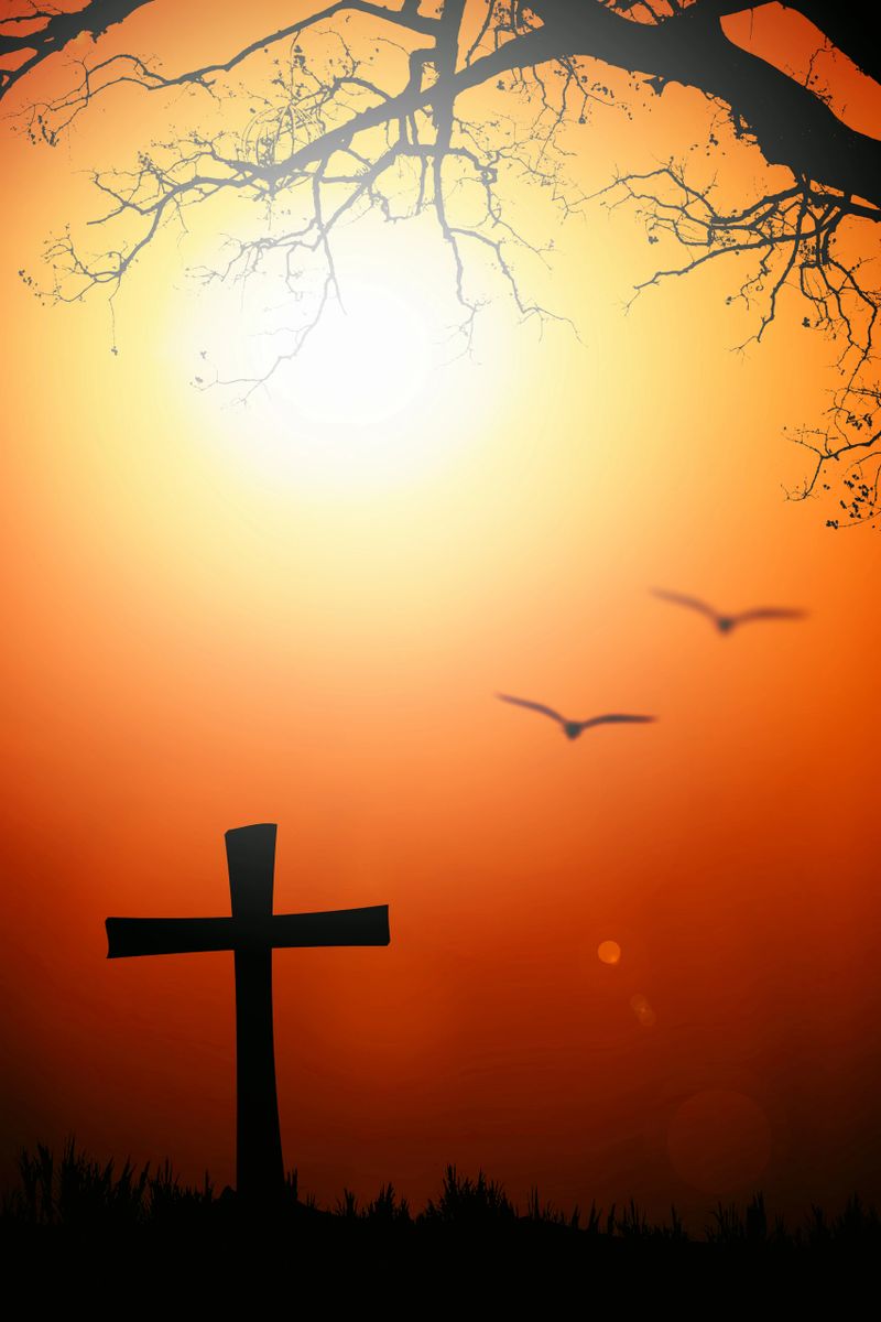 Silhouette of the cross and tree with blurred bird with flare at sunset.
