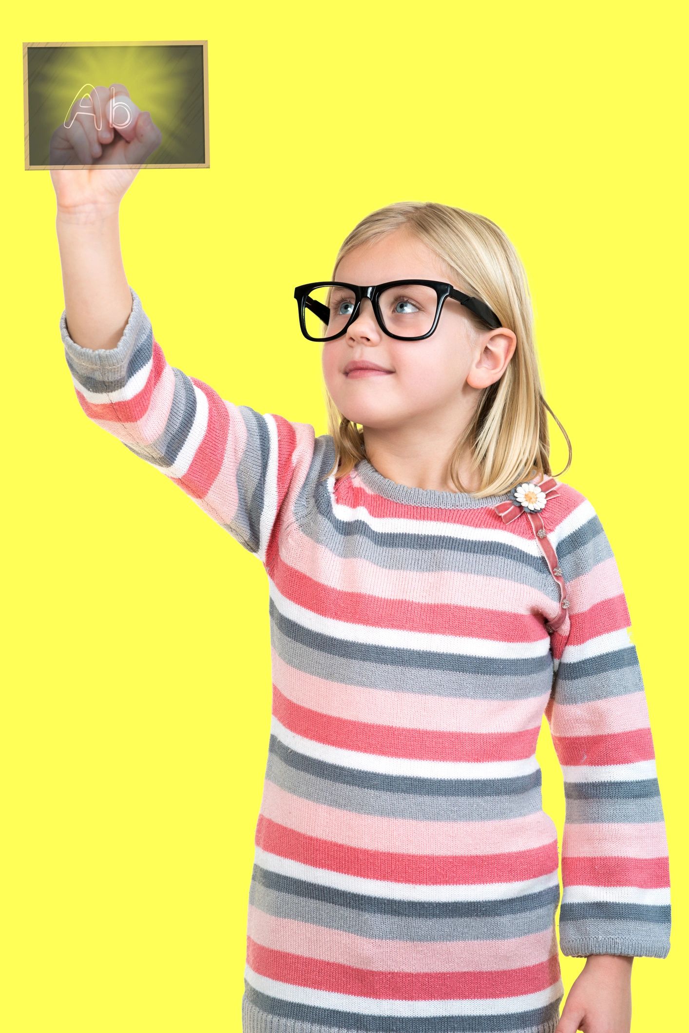 education, school and imaginary screen concept - cute little girl drawing in the air or imaginary screen