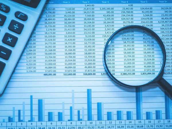 A magnifying glass and calculator analyzing financial data and charts.
