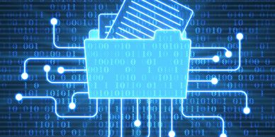 Glowing digital folder with electronic circuits and binary code background.